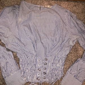 Iris blue and white long sleeve waist tightness